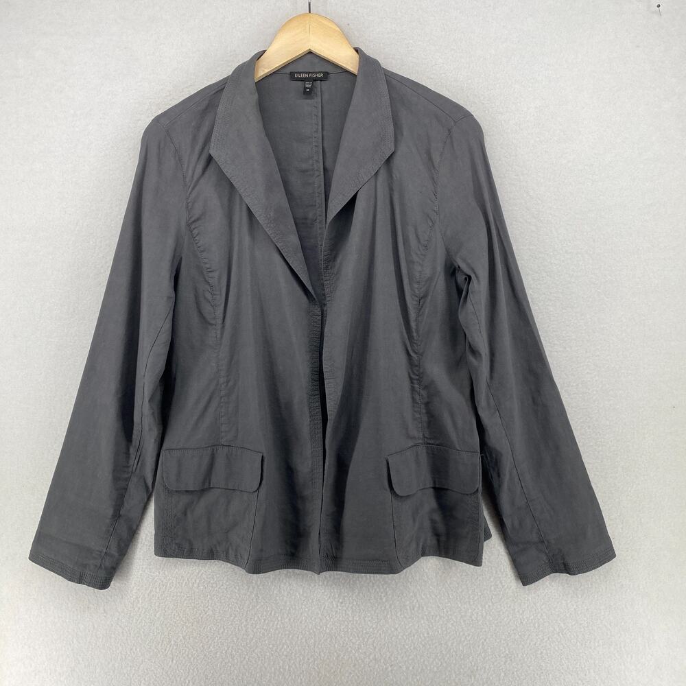EILEEN FISHER Blazer M Stretch Linen Viscose Open Front Cardigan Gray